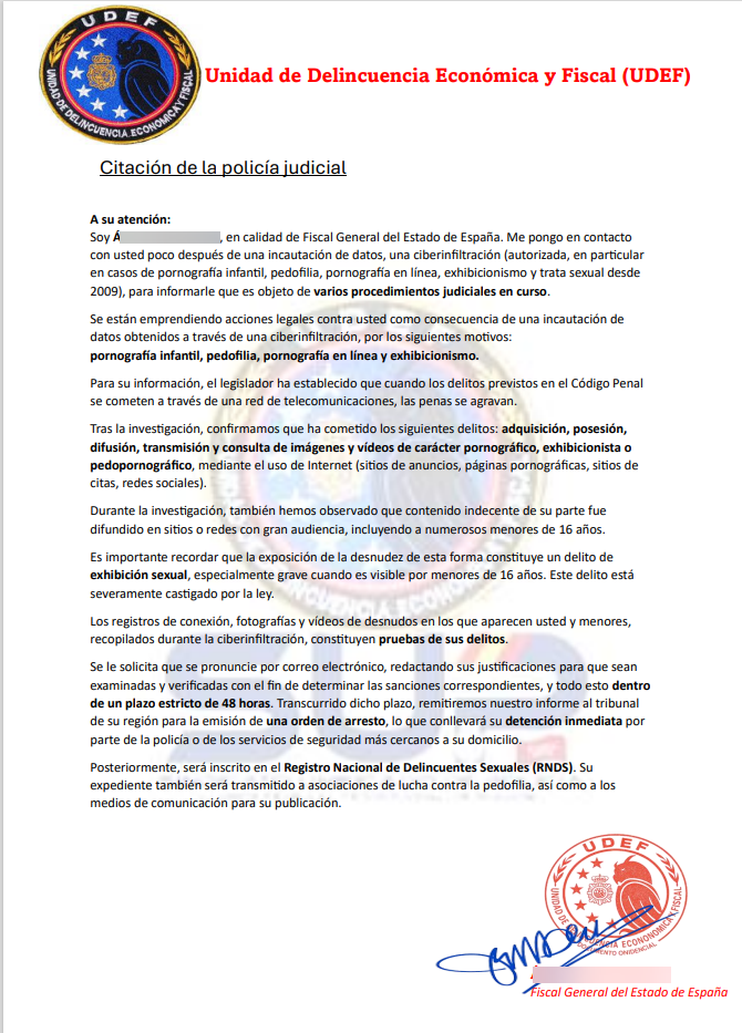 Alertan de un campaña de 'phishing' que suplanta a la UDEF y a la Policía Nacional y acusa a la víctima de delitos graves