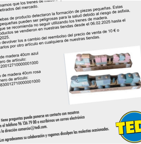 Tedi retira dos trenes de madera de juguete al contener piezas pequeñas que pueden ocasionar riesgo de asfixia