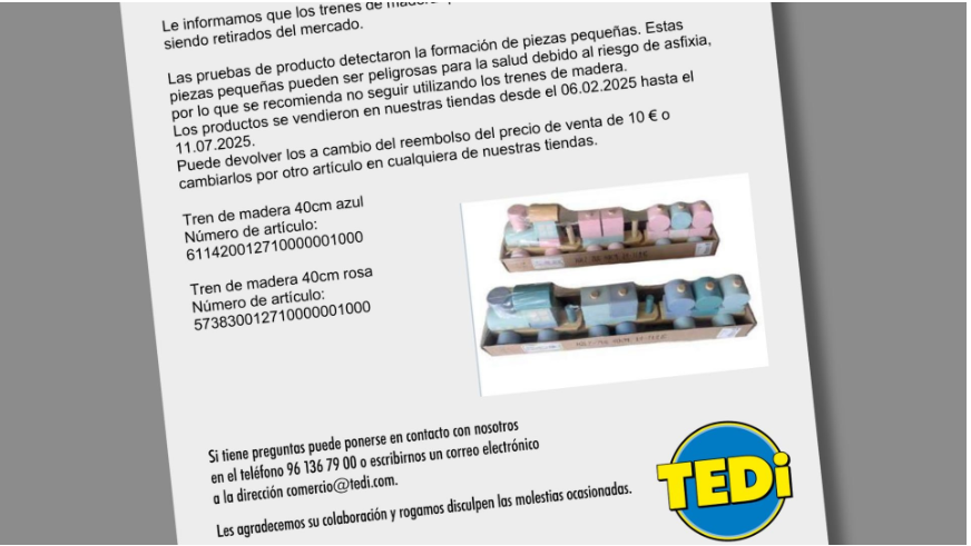 Tedi retira dos trenes de madera de juguete al contener piezas pequeñas que pueden ocasionar riesgo de asfixia