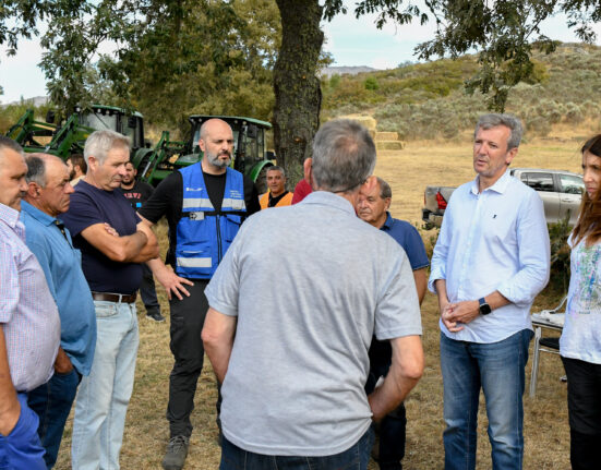 El presidente de la Xunta acudió en Chandrexa de Queixa a un acto de reparto de alimentación para el ganado en una explotación ganadera afectada por los incedios