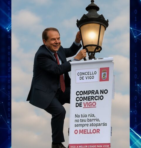“400 banderolas en farolas: la ‘gran idea’ de Caballero para salvar el comercio de Vigo frente a los bonos descuento de la Xunta”