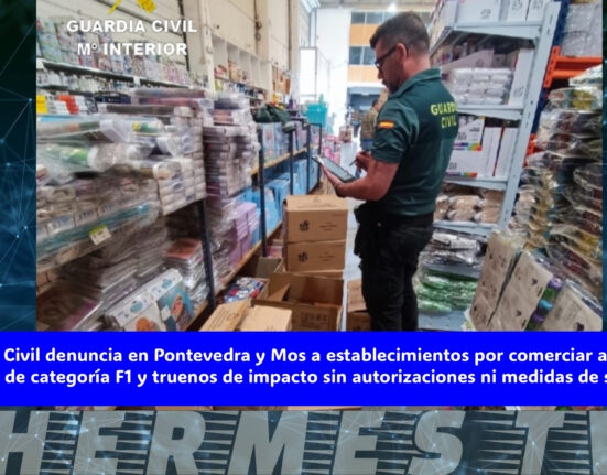 La Guardia Civil denuncia en Pontevedra y Mos a establecimientos por comerciar artículos pirotécnicos de categoría F1 y truenos de impacto sin autorizaciones ni medidas de seguridad