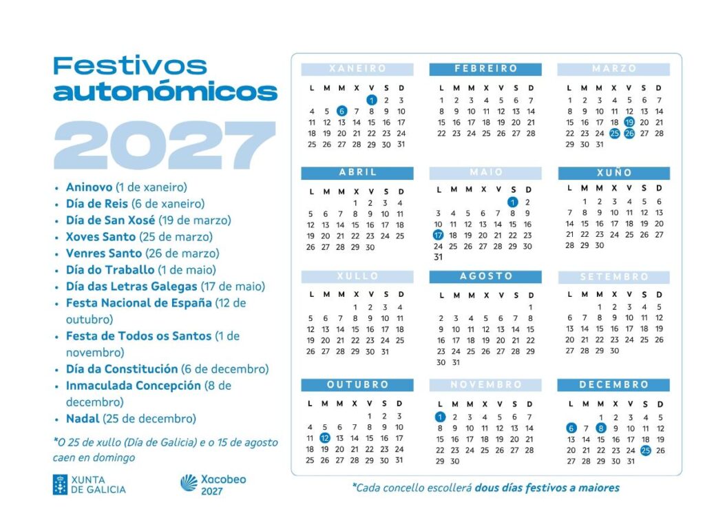 calendario laboral de Galicia para 2027, en el que se incluyen como festivos propios