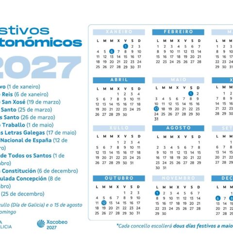 calendario laboral de Galicia para 2027, en el que se incluyen como festivos propios