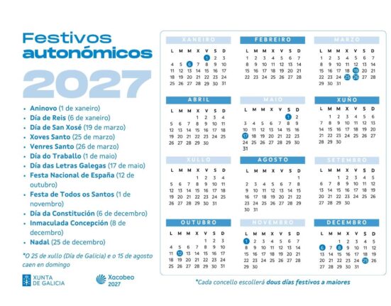 calendario laboral de Galicia para 2027, en el que se incluyen como festivos propios